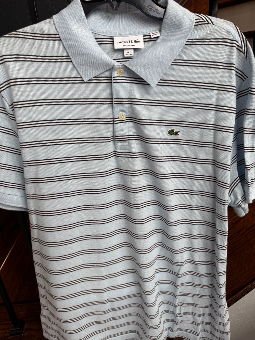 XXL Lacoste Light Blue Polo with Navy & White Stripes REGULAR FIT - Picture 3 of 9